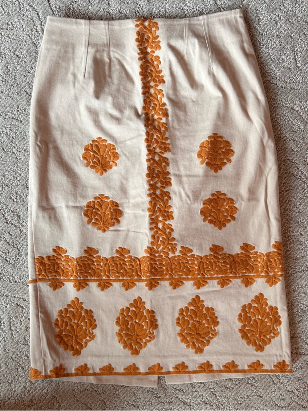 Anthropologie Cream Pencil Skirt with Mustard Floral Embroidery